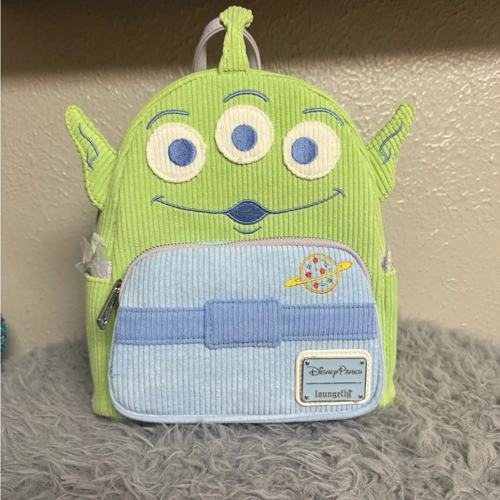 Loungefly Green Alien Corduroy Kids Backpack with Light Blue Pocket